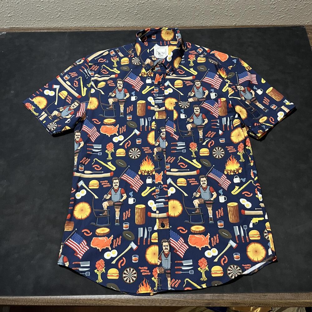 Parks And Recreation Ron Swanson Shirt Mens Medium Blue RSVLTS Button Front